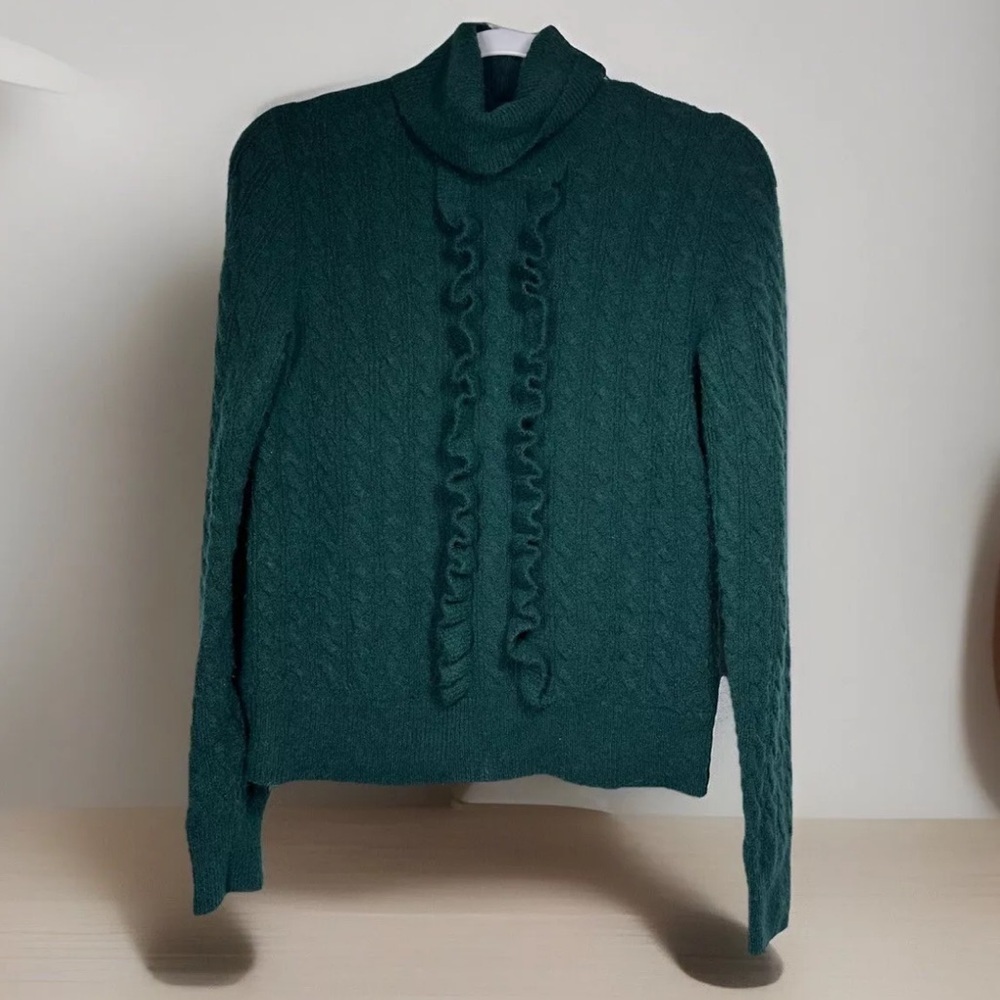 J. Crew Womens Cable Knit Sweater Size XS Green Alpaca Wool Turtleneck Ruffle